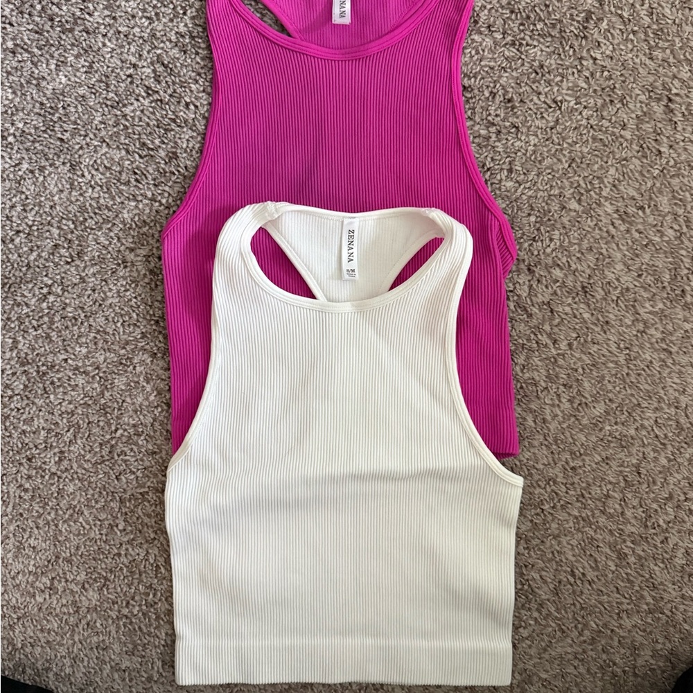 Zenana Ribbed Racerback Tank Top - Hot Pink & white